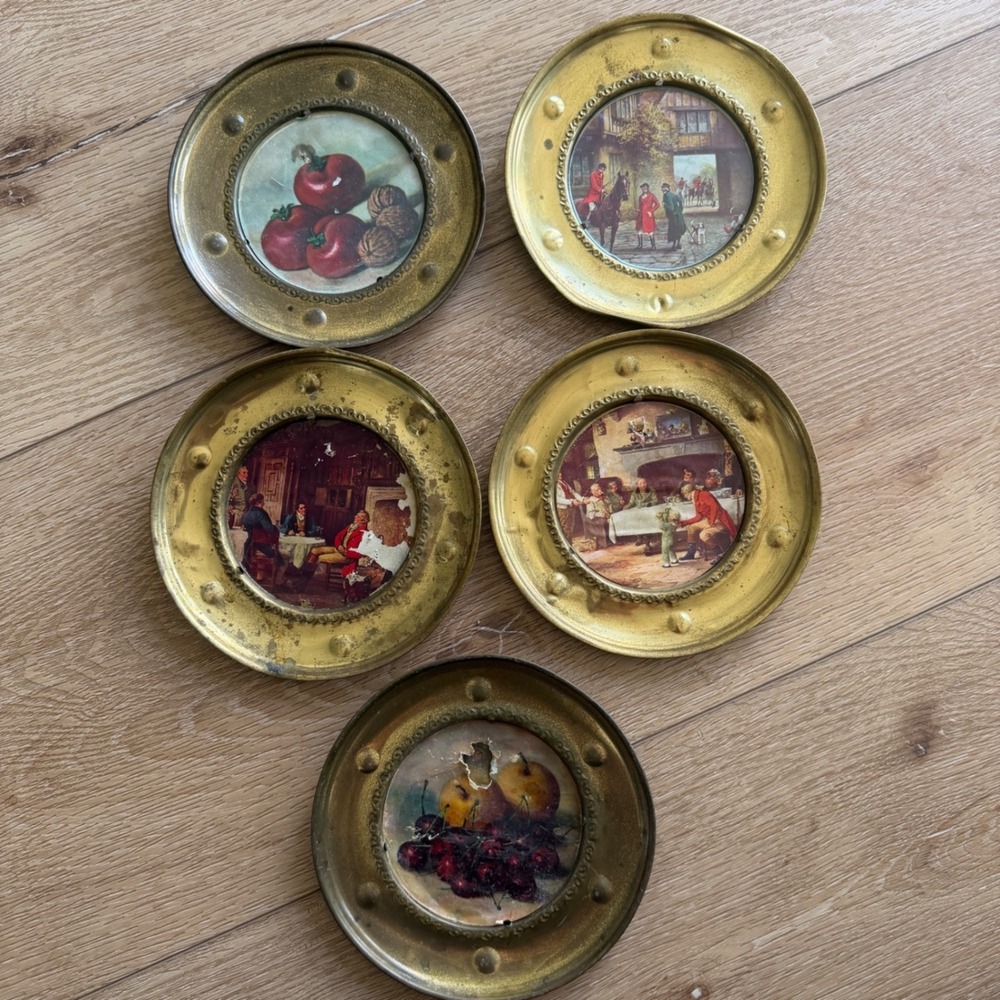 Vintage Miniature Brass Wall Hanging Plates Set of 5 Tavern Hunting Fruit Scenes
